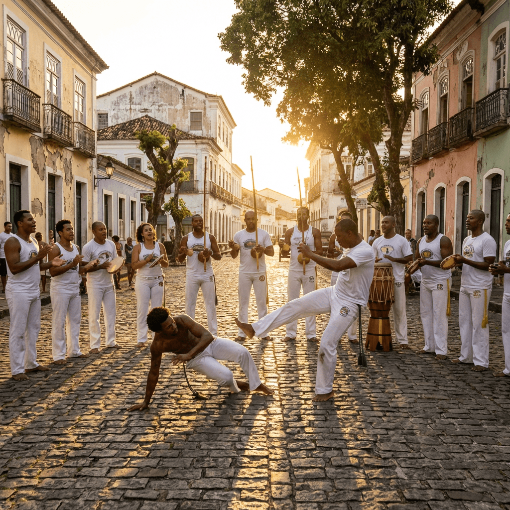 Capoeira practitioners performing a match in a cobblestone street surrounded by musicians at sunset.