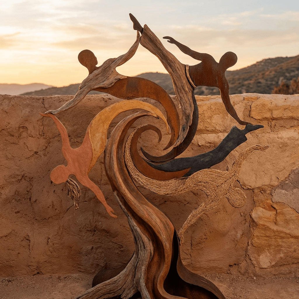 Sculpture of interconnected human figures in a dynamic spiral against a desert sunset background.