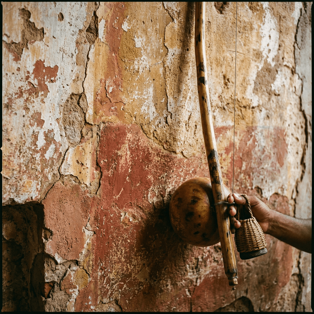 A hand holds a traditional Brazilian berimbau against a textured, weathered wall.