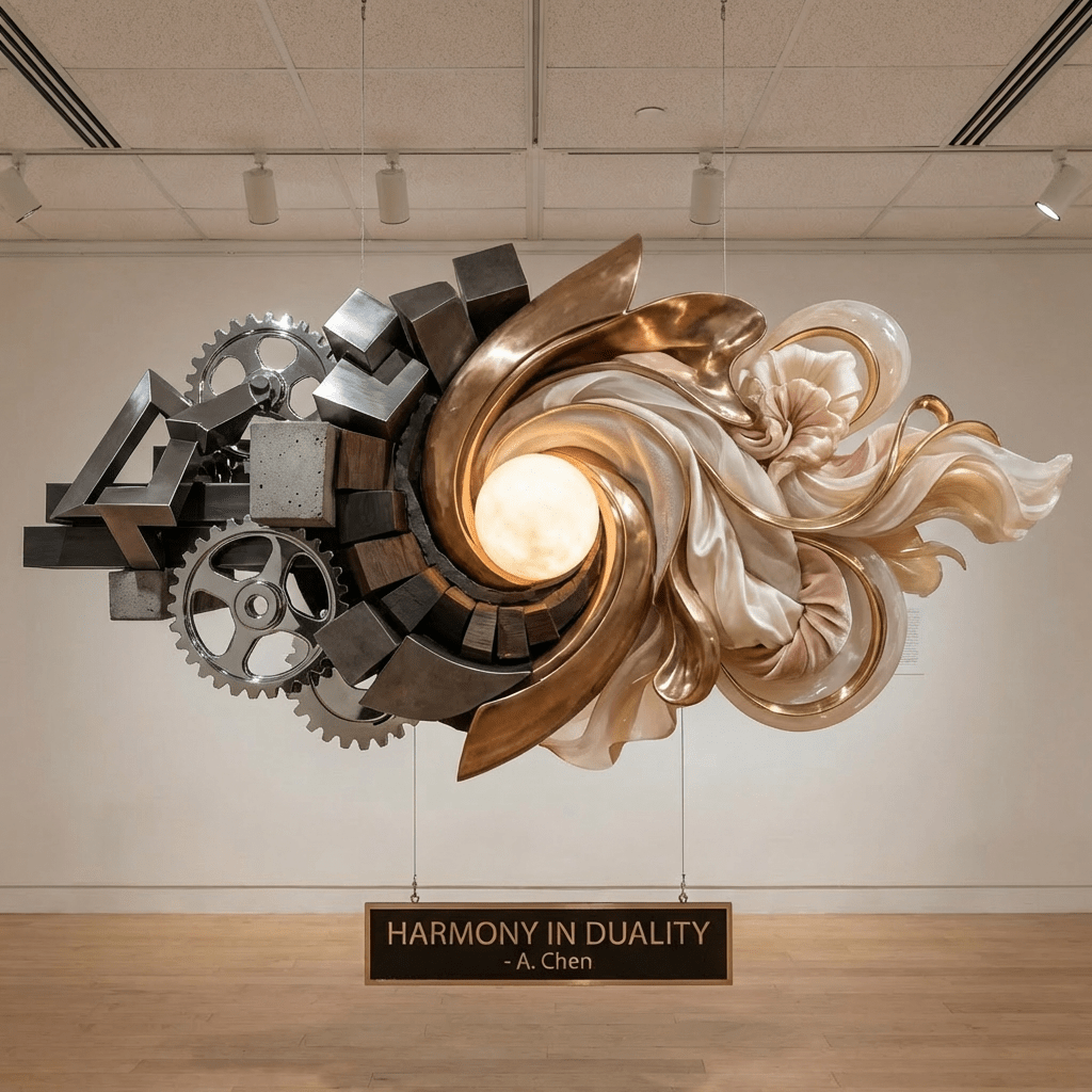 Harmony in Duality sculpture by A. Chen blending mechanical gears with flowing organic shapes.