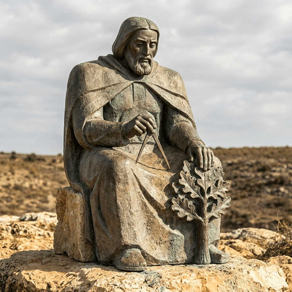 Statue of a seated man holding a compass and resting a hand on an oak branch.