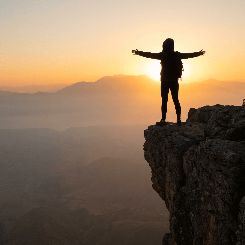 Silhouette of a hiker standing on a rocky cliff with arms outstretched at sunrise.