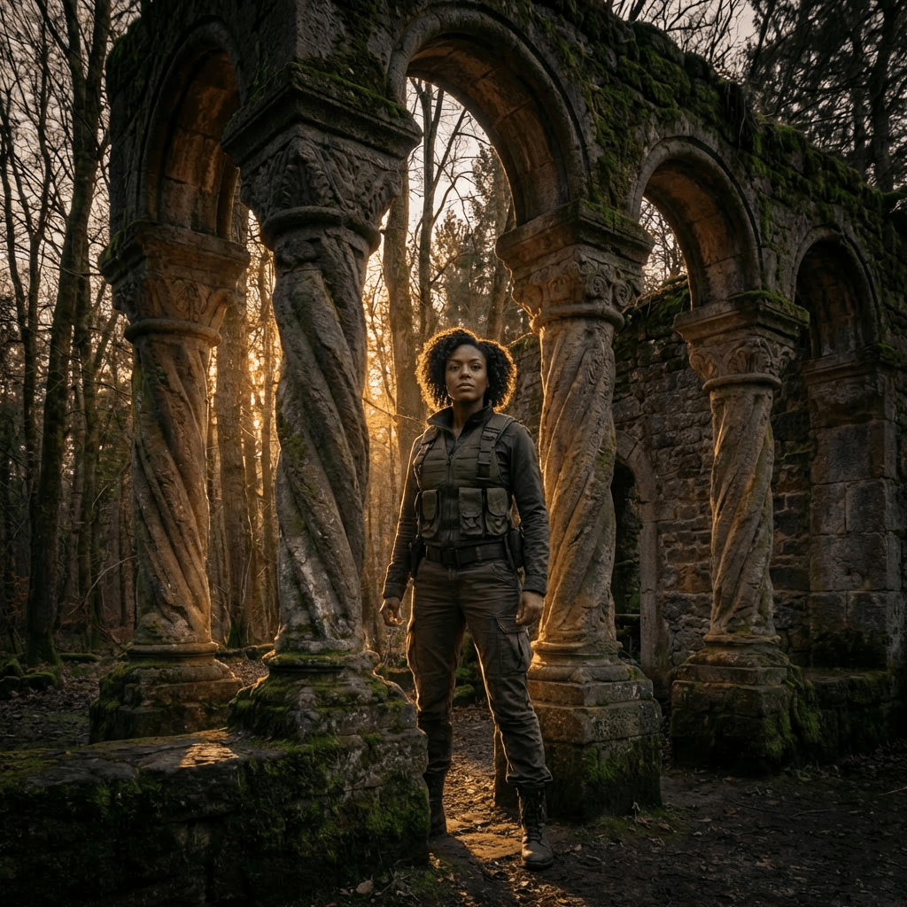 Orange and blue light trails wrap around mossy stone pillars in a forest at night.