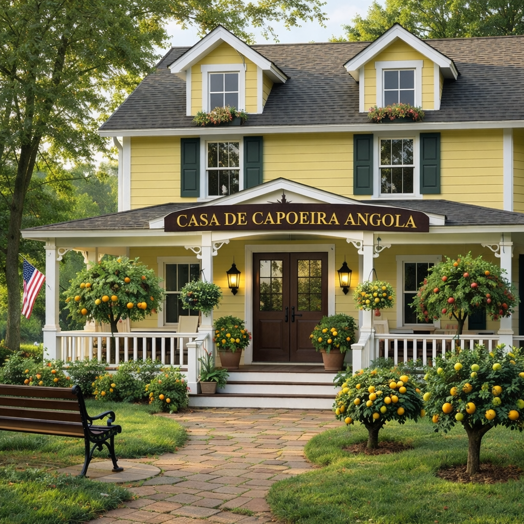 Yellow historic house with porch, hanging plants, and blooming garden