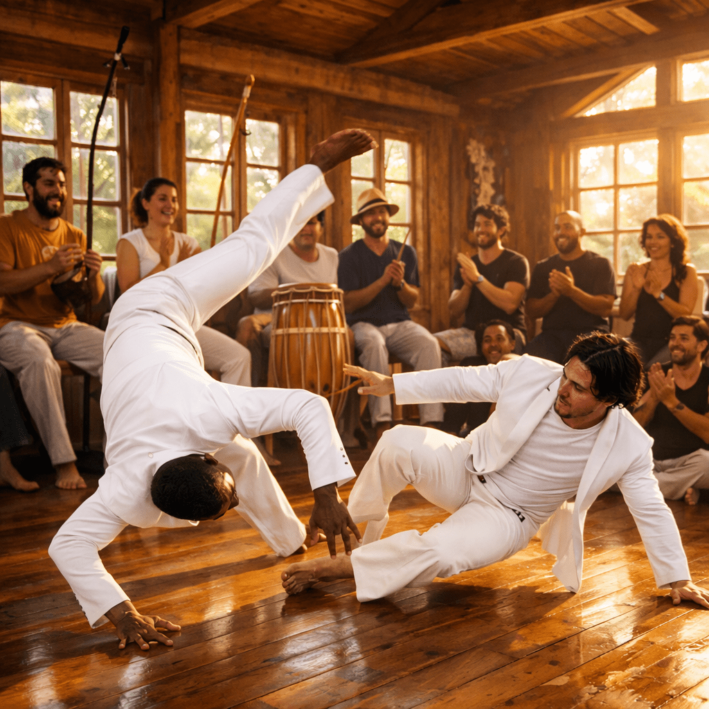 Two men engaged in capoeira martial art while others clap and play instruments indoors