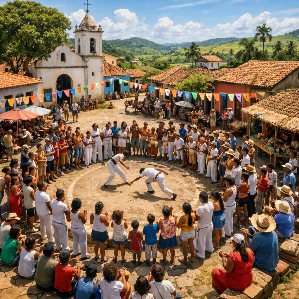 Two capoeira performers sparring inside a circle of spectators in a village square