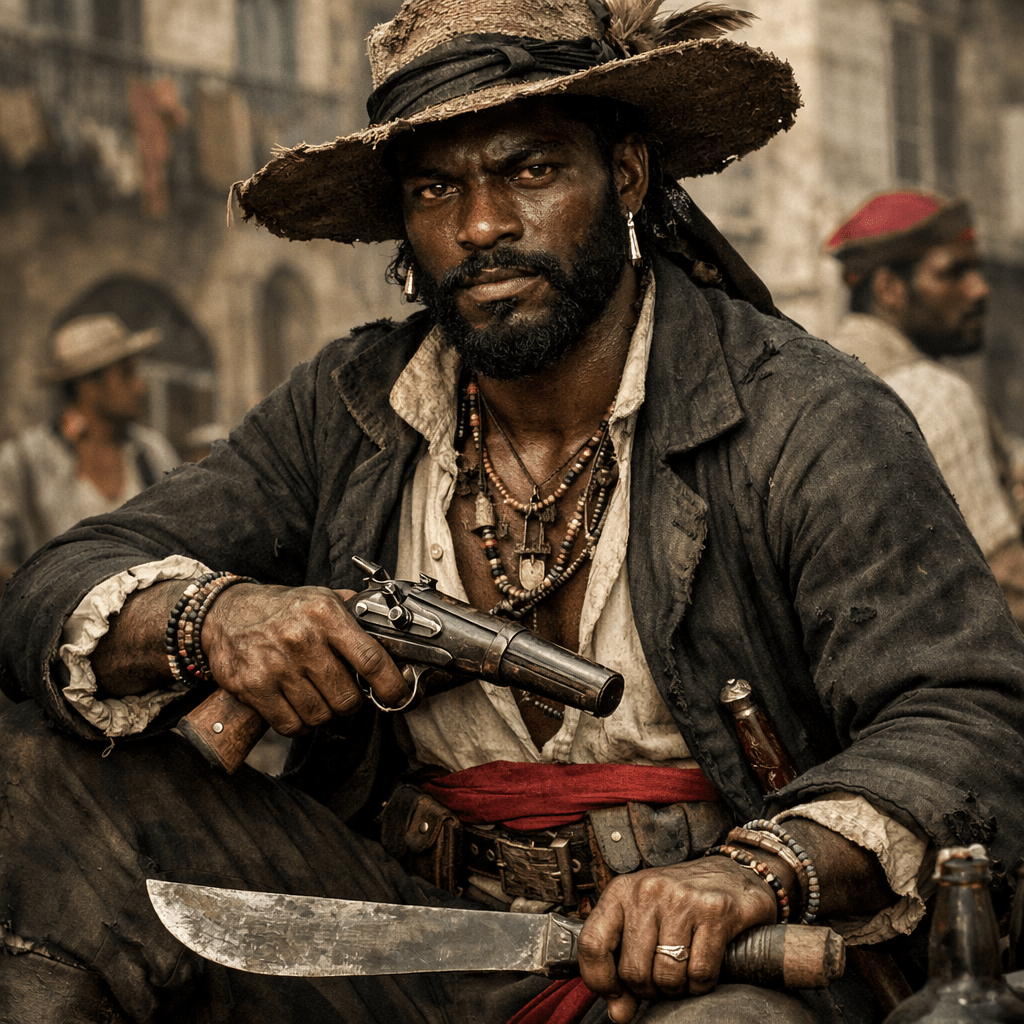 A pirate holding a pistol in one hand and a machete in the other, wearing a wide-brimmed hat and layered necklaces