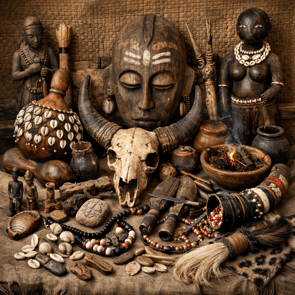 Assortment of African ritual artifacts including wooden masks, animal skull, beads, sculptures, and smoking bowl