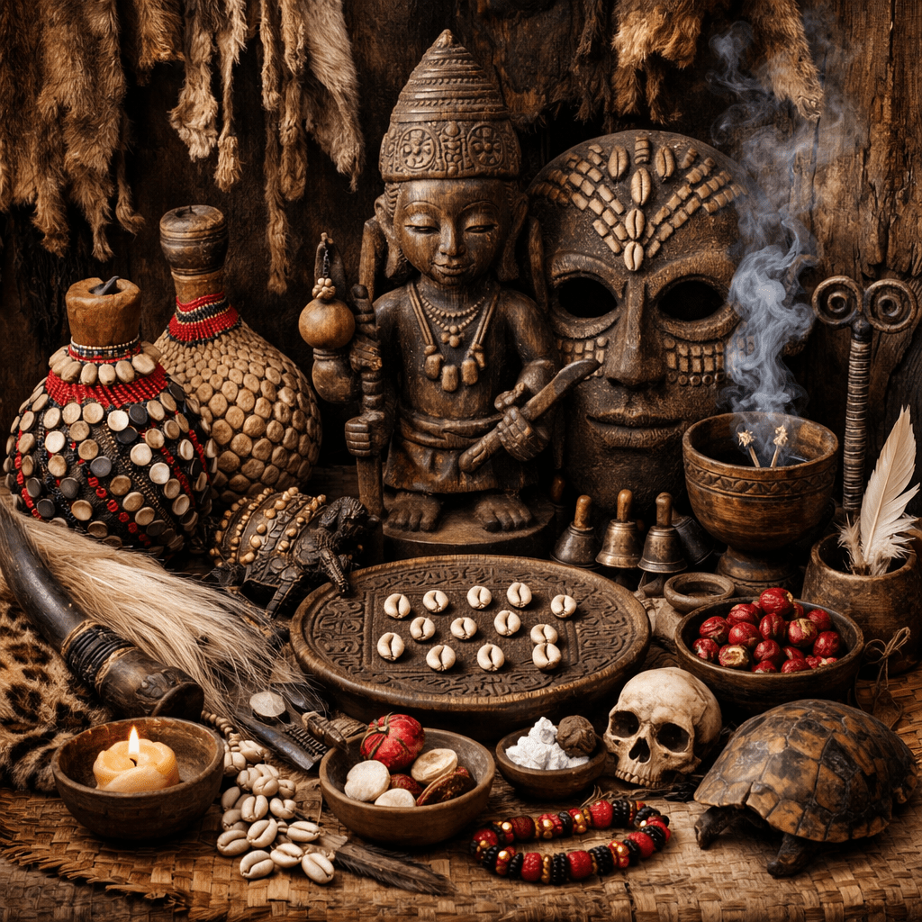 African ritual artifacts such as wooden statues, a mask, cowrie shells, a skull, a turtle shell, beads, and incense with smoke