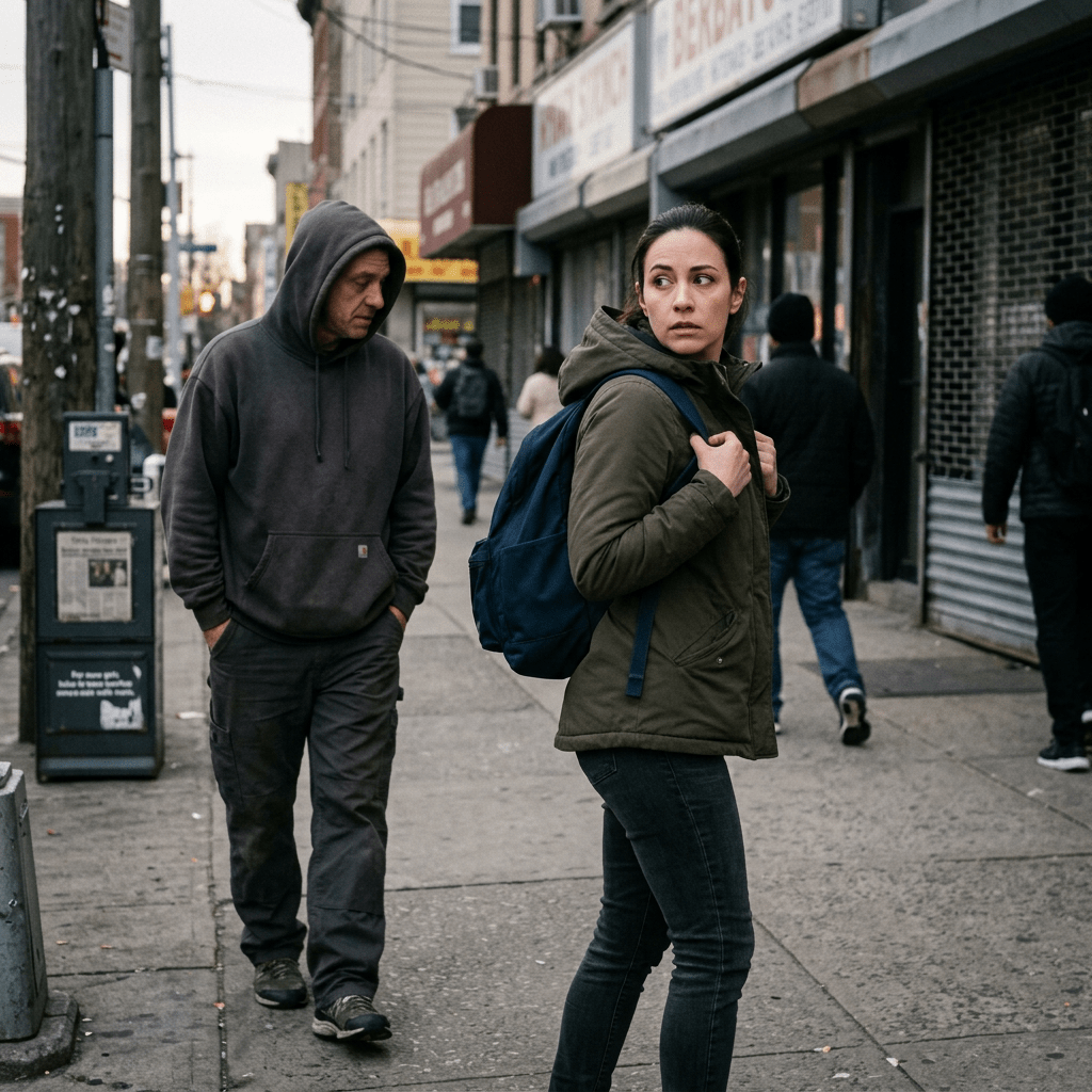 Woman with backpack looking back at man in hoodie following her on urban sidewalk