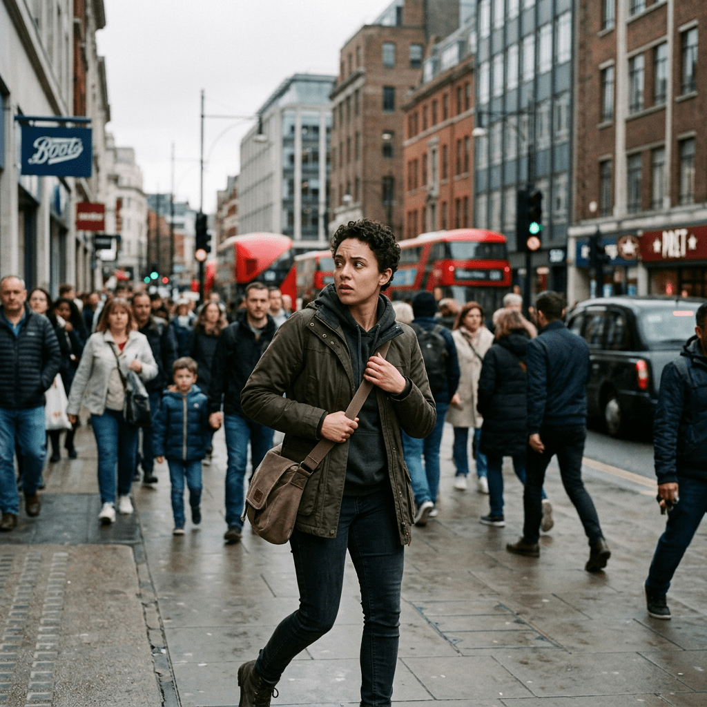 Woman walking with bag in crowded city street with red buses and pedestrians