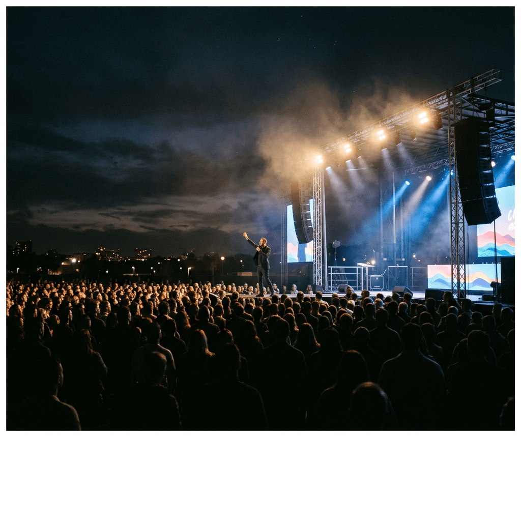Solo performer on stage singing to a large crowd at night