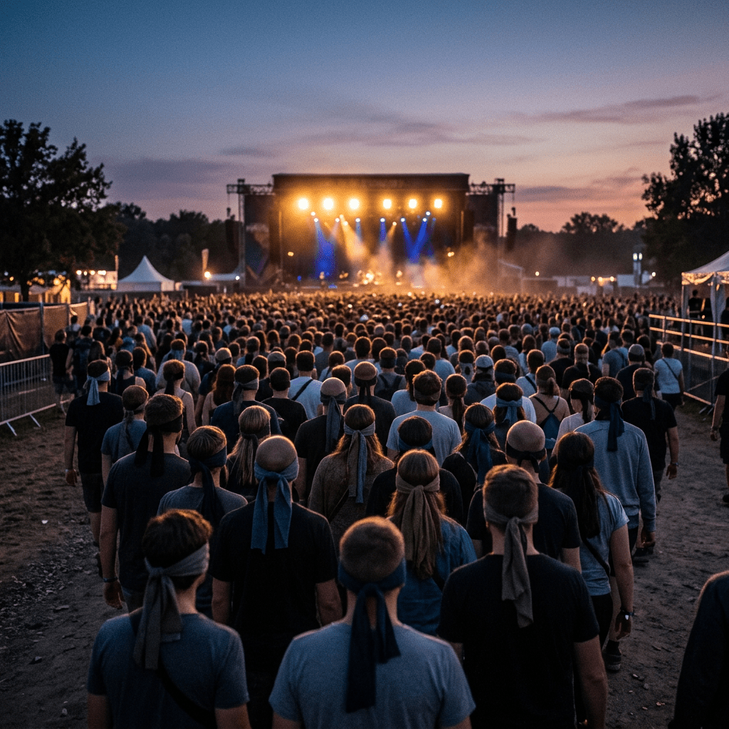 Crowd of people wearing headbands facing an outdoor concert stage illuminated by yellow and blue lights at sunset.