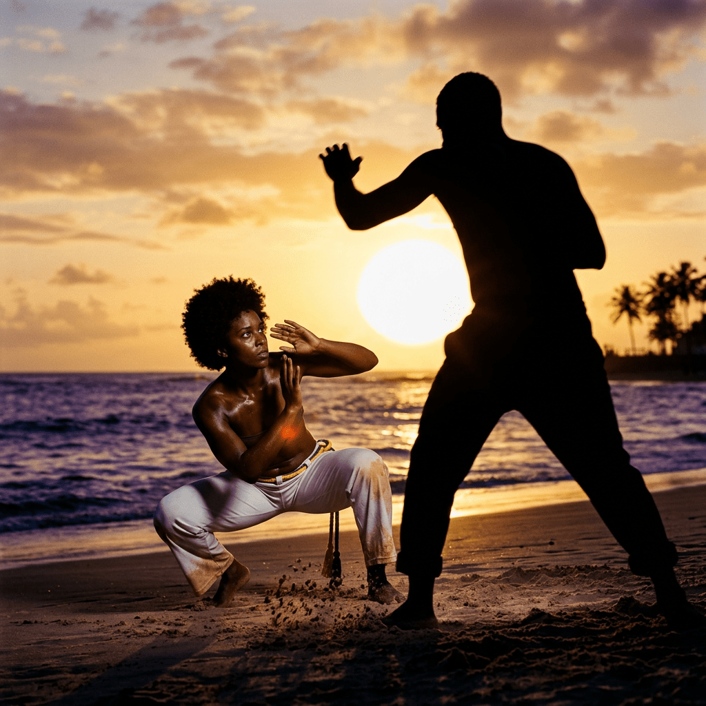 Two individuals training martial arts on a sandy beach at sunset