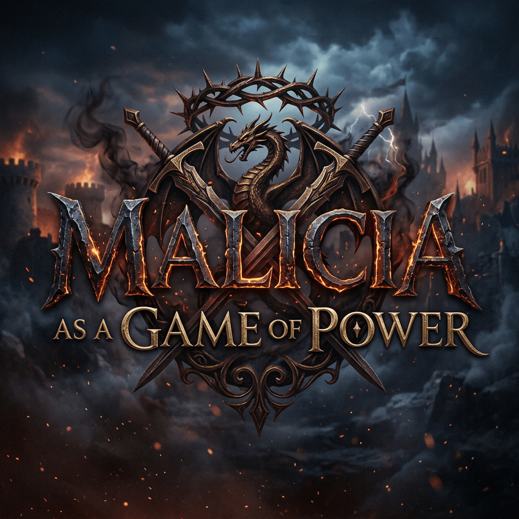 Malicia game logo with dragon, crossed swords, and medieval castle background