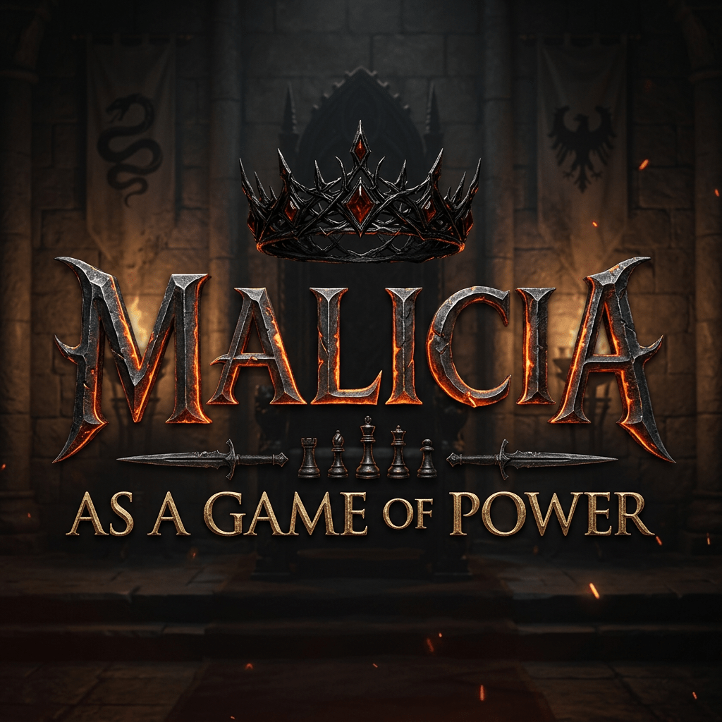 Malicia logo with dark crown above and chess pieces below on stone background