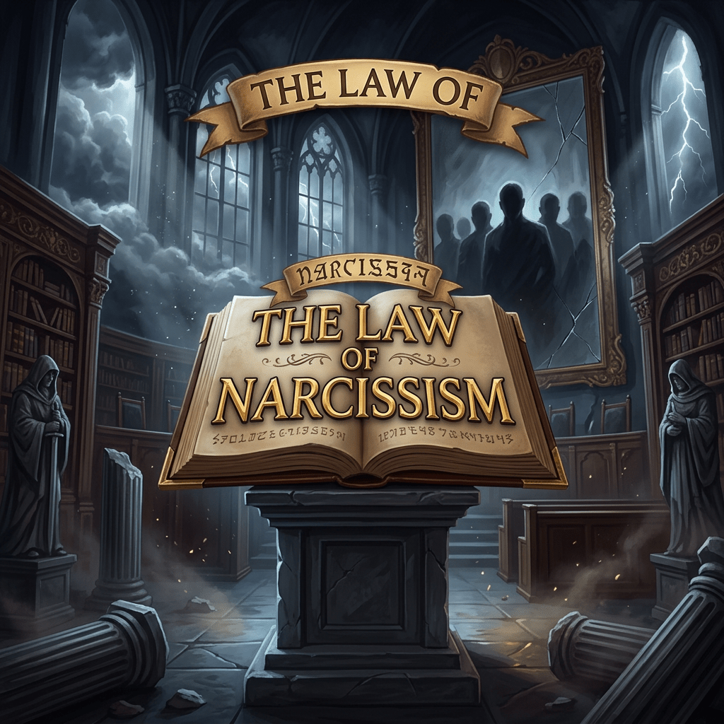 Ancient open book titled 'The Law of Narcissism' on stone pedestal in gothic library with statues and stormy sky