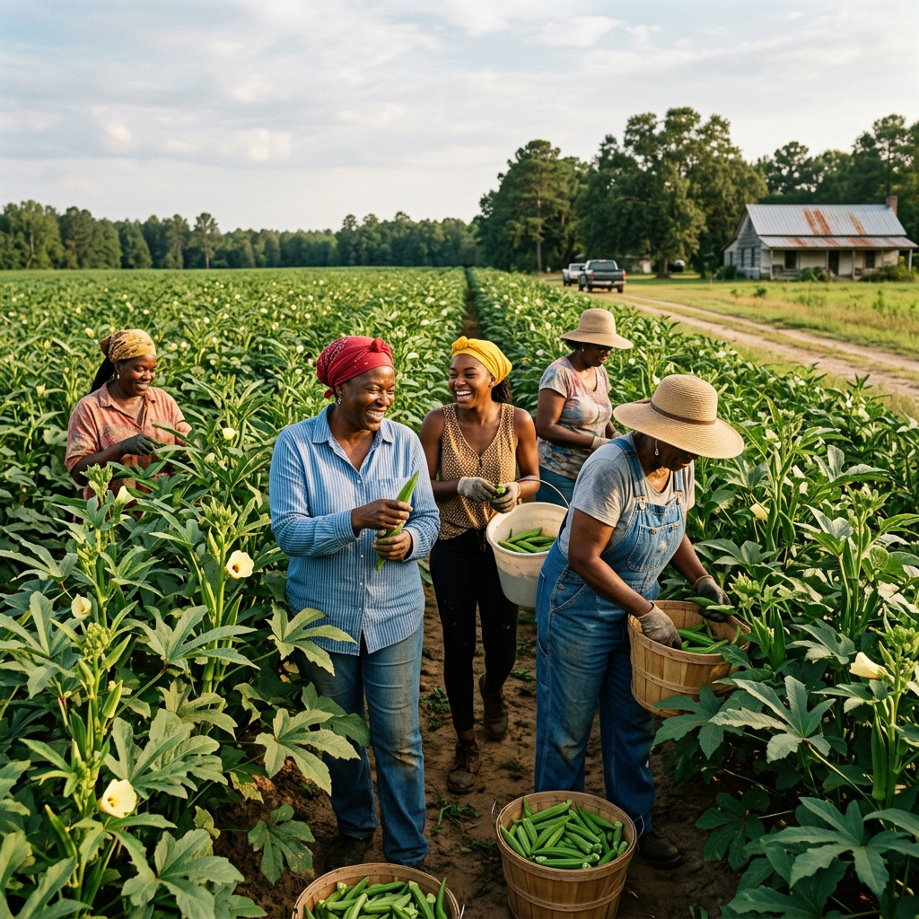 Five women harvesting okra in a green farm field with baskets