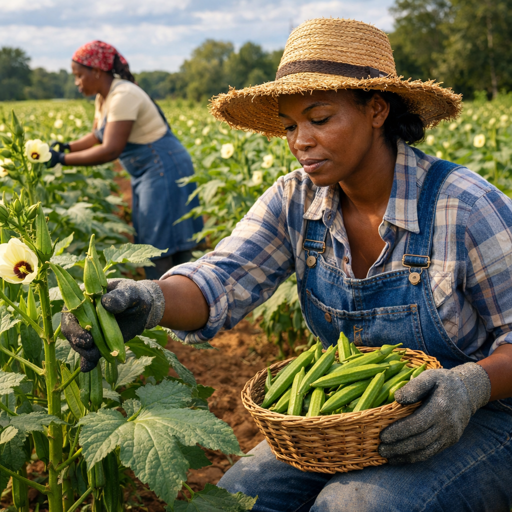 Woman wearing straw hat and gloves harvesting okra and holding a basket filled with okra pods