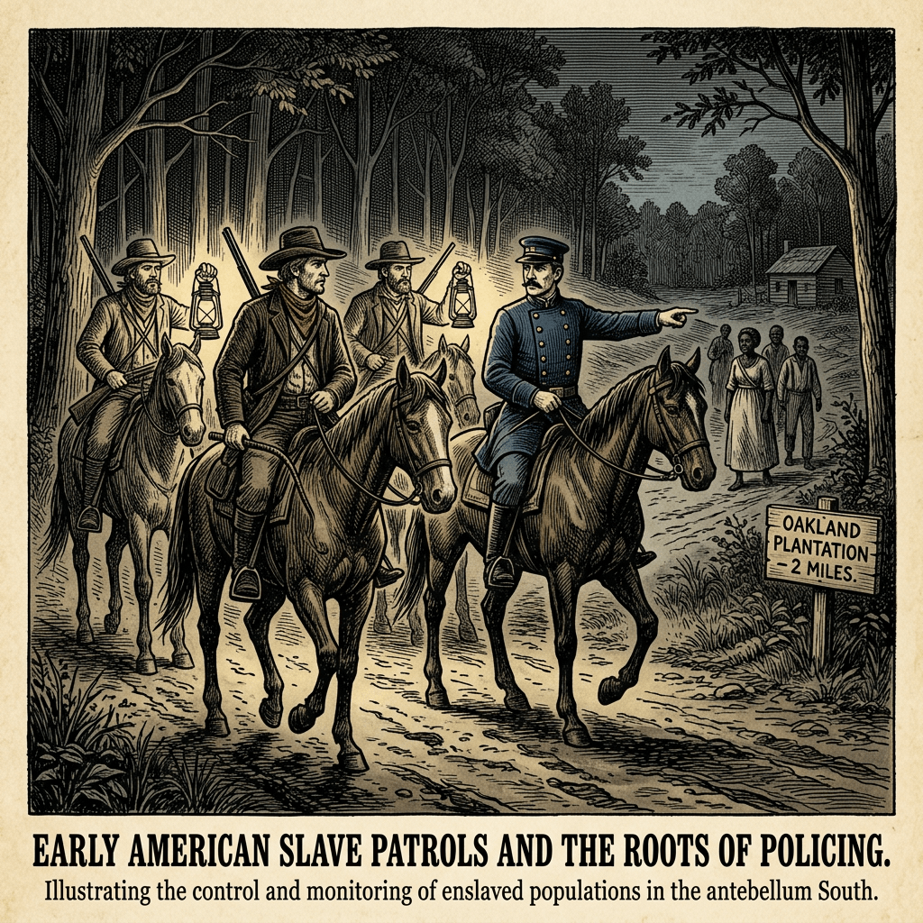 Four men on horseback, including a uniformed officer holding a lantern, oversee a group of enslaved people walking near Oakland Plantation sign
