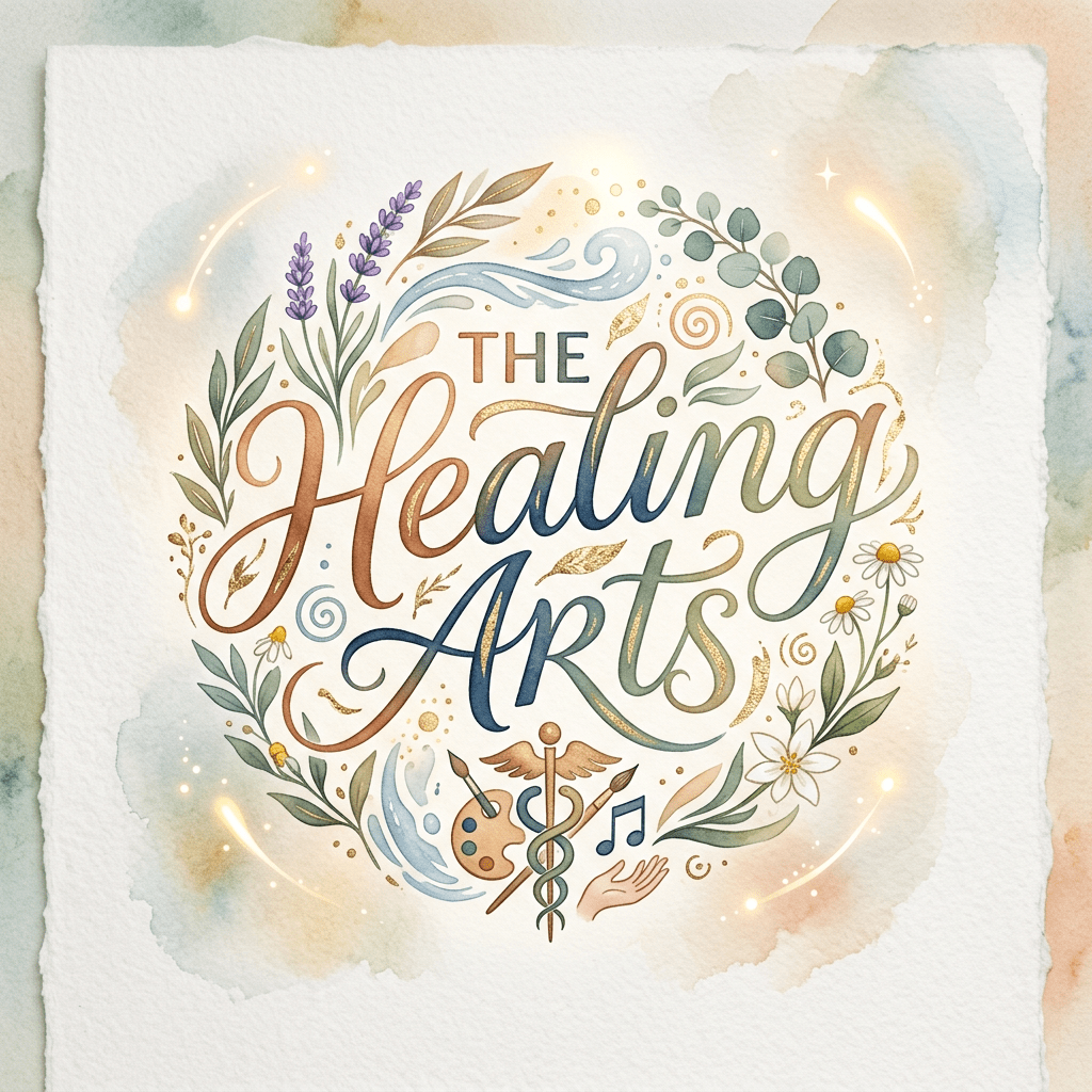 Decorative text 'The Healing Arts' surrounded by watercolor plants, medical symbol, artist palette, music notes, and hand illustration.