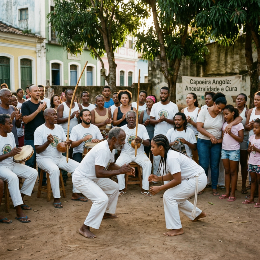 Group of people playing Capoeira Angola with musicians and dancers in an outdoor setting