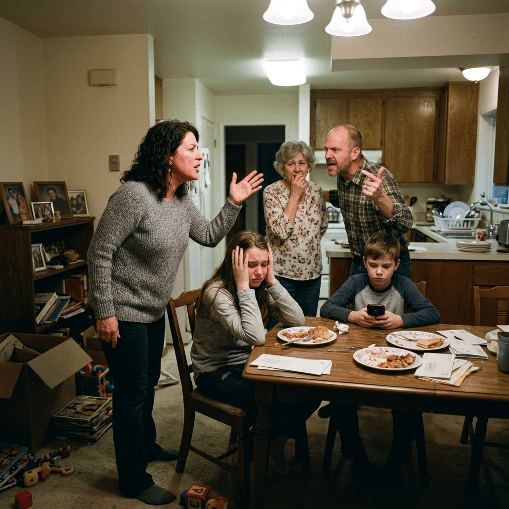 Parents arguing while children sit silently at dinner table