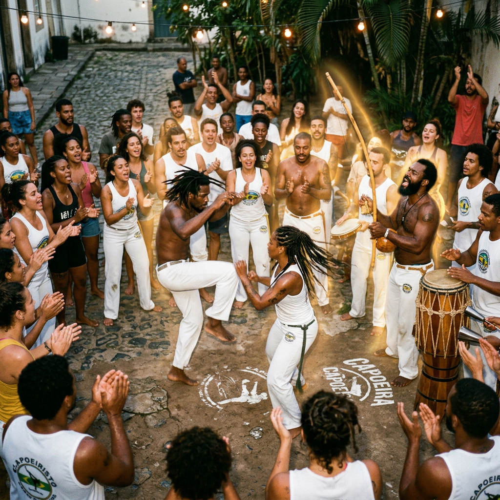 Group of people in a circle performing capoeira with drumming and clapping