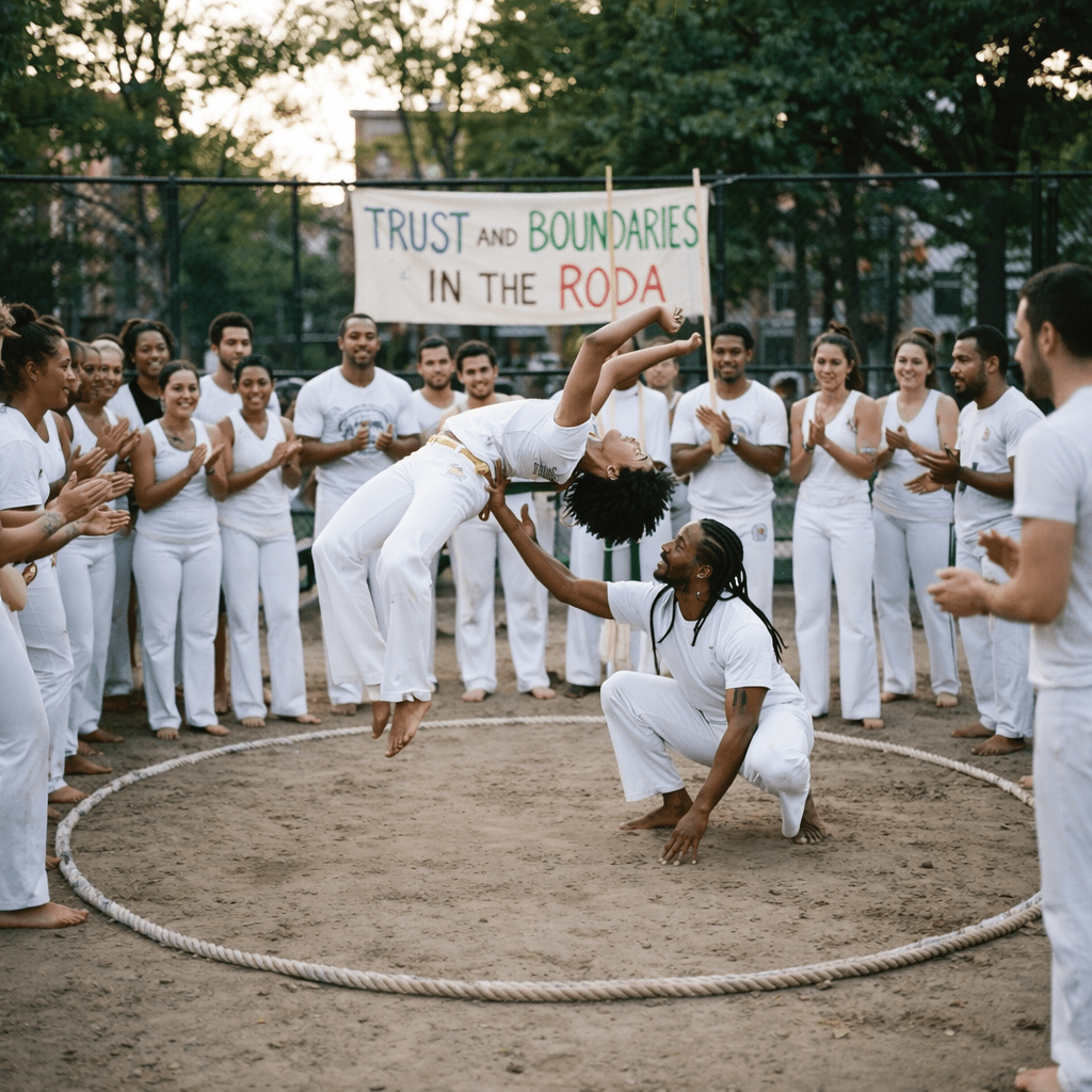 Two people performing capoeira moves inside a marked circle on the ground with an audience clapping around them