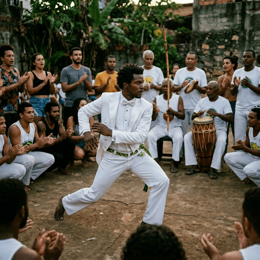 Man doing capoeira martial art dance while others clap and play traditional instruments