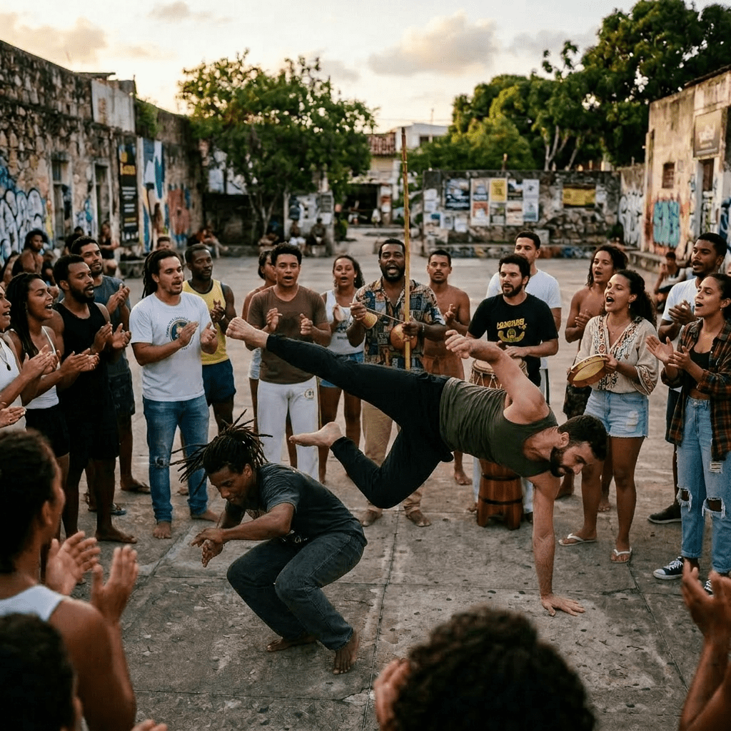 People practicing capoeira in a large outdoor circle with music and clapping
