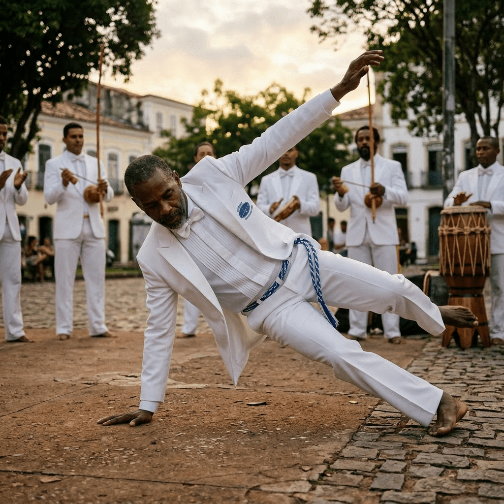 Capoeira mestre in yellow pants and white shirt balancing on one hand in roda with musicians