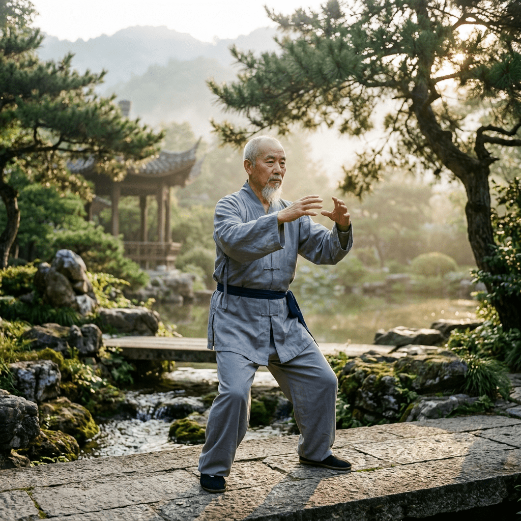 Elderly man performing Tai Chi on stone path in tranquil garden
