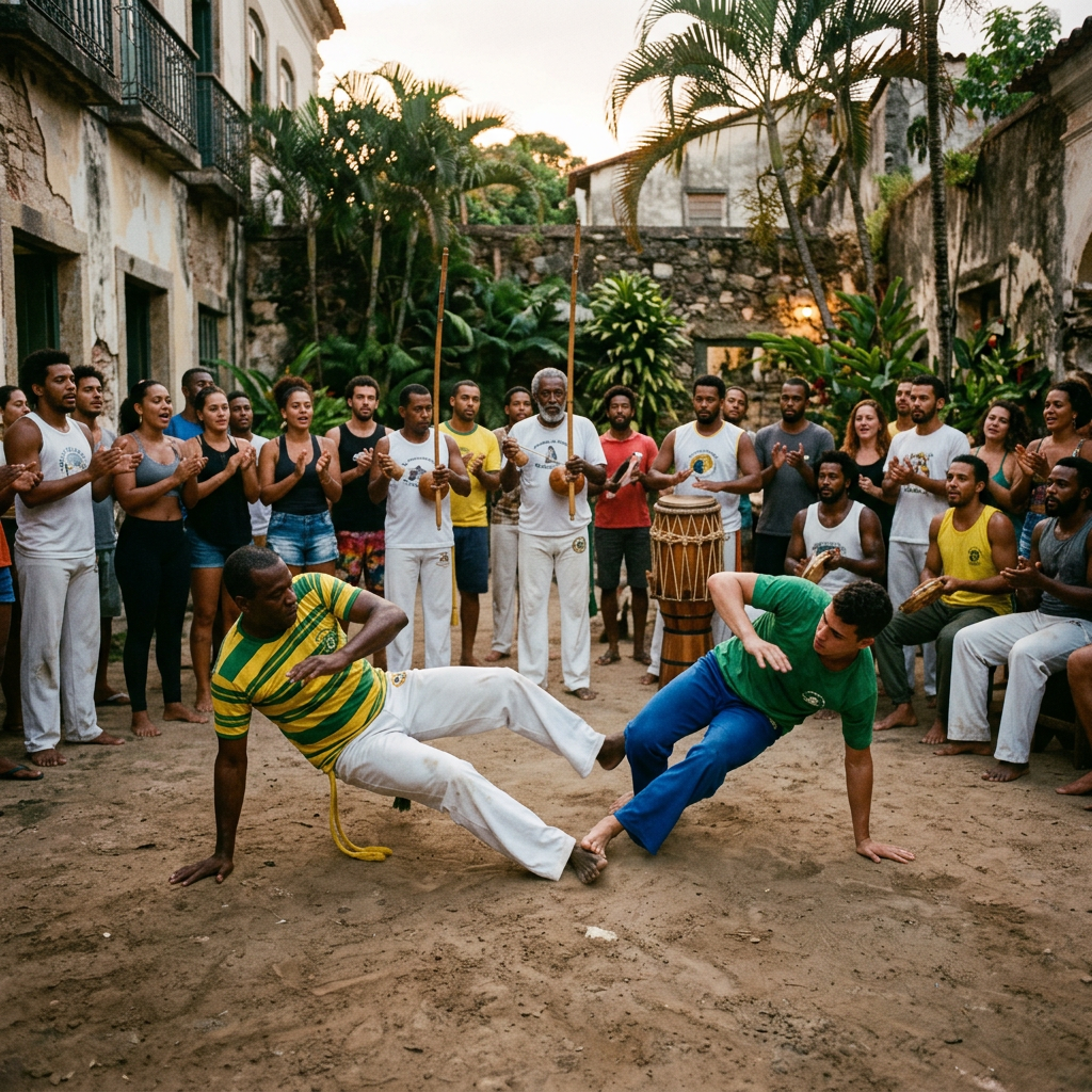 Two men engaged in capoeira surrounded by a circle of people clapping and playing berimbaus