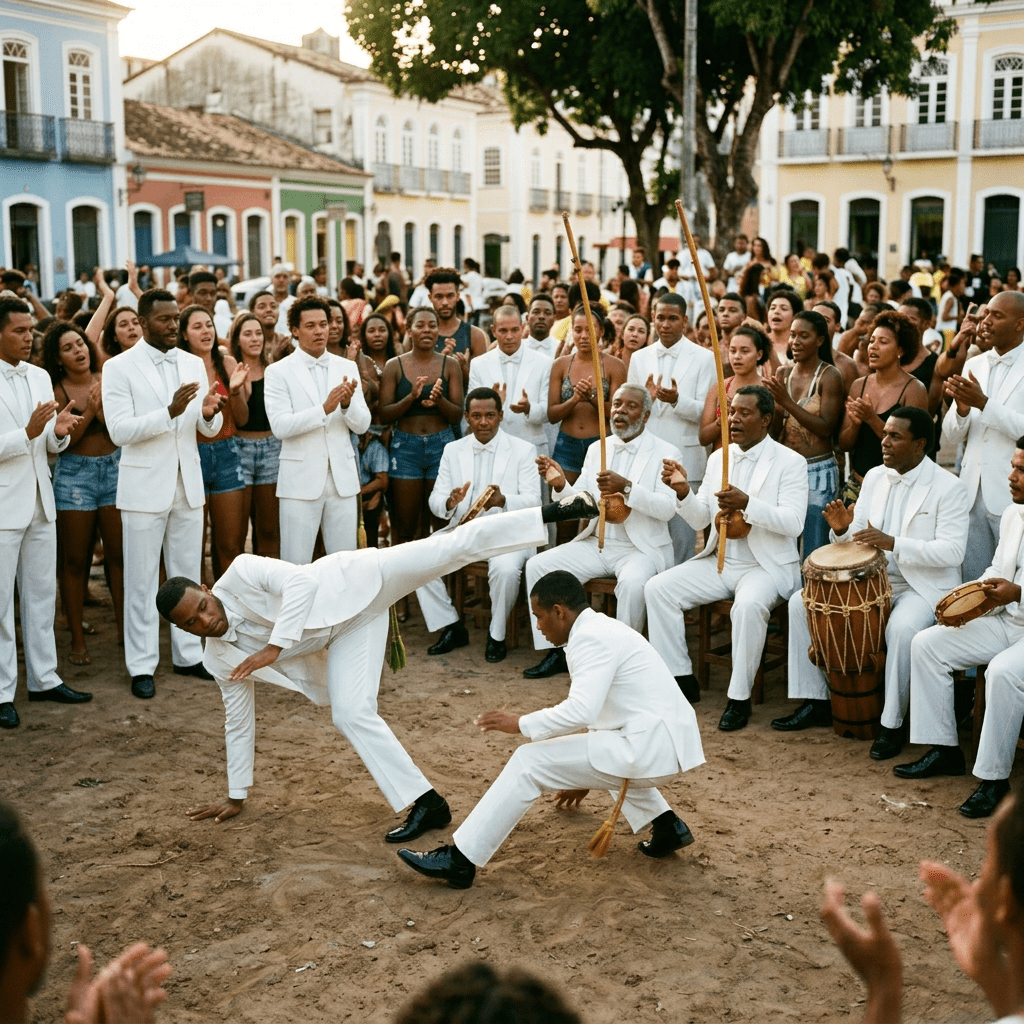 Two men performing capoeira surrounded by musicians playing berimbaus and drums and a crowd clapping