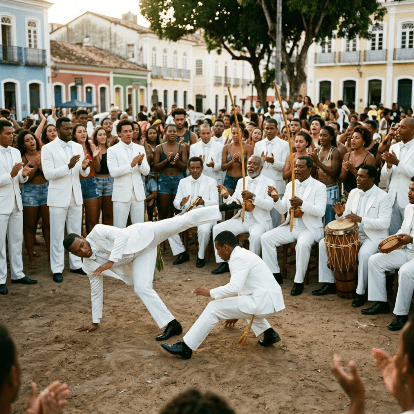 Two men performing capoeira surrounded by musicians playing berimbaus and drums and a crowd clapping