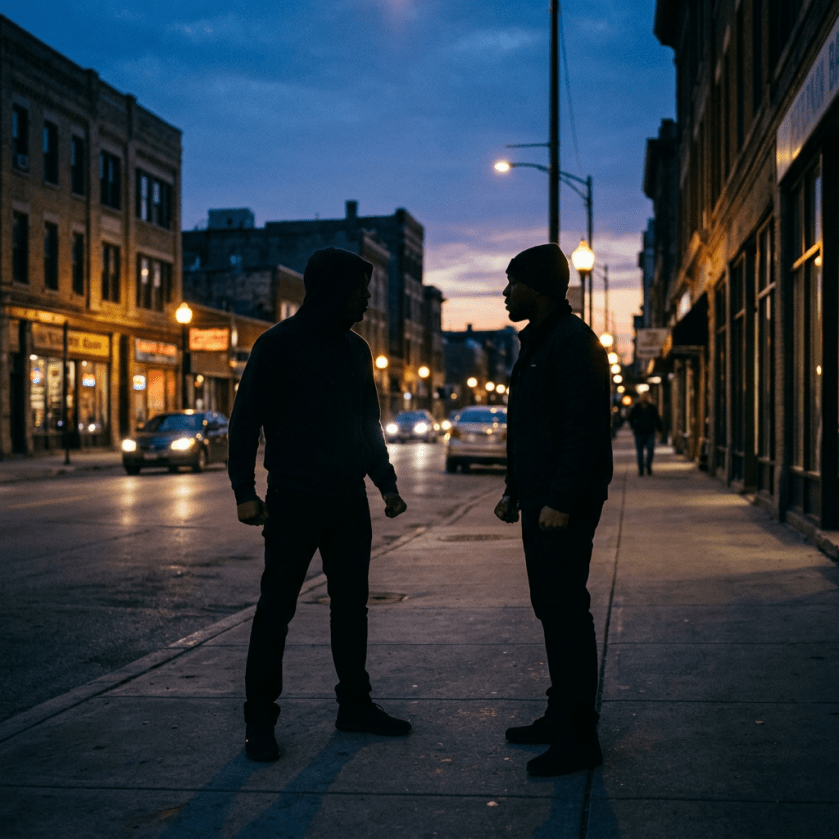 Two men standing face to face on a city sidewalk at dusk with buildings and streetlights in the background