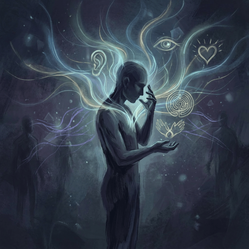 Silhouette of a person with colorful glowing light streams flowing from the chest area against a dark, starry background