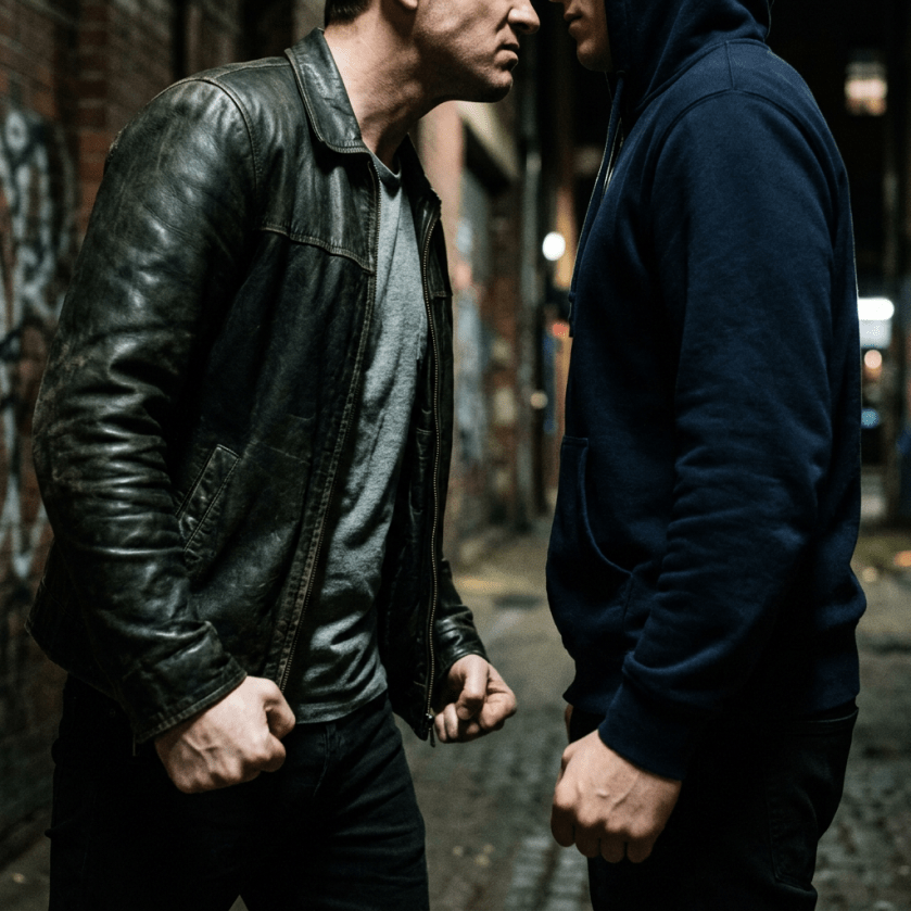 Two men standing close, fists clenched, appearing to argue in a narrow alley