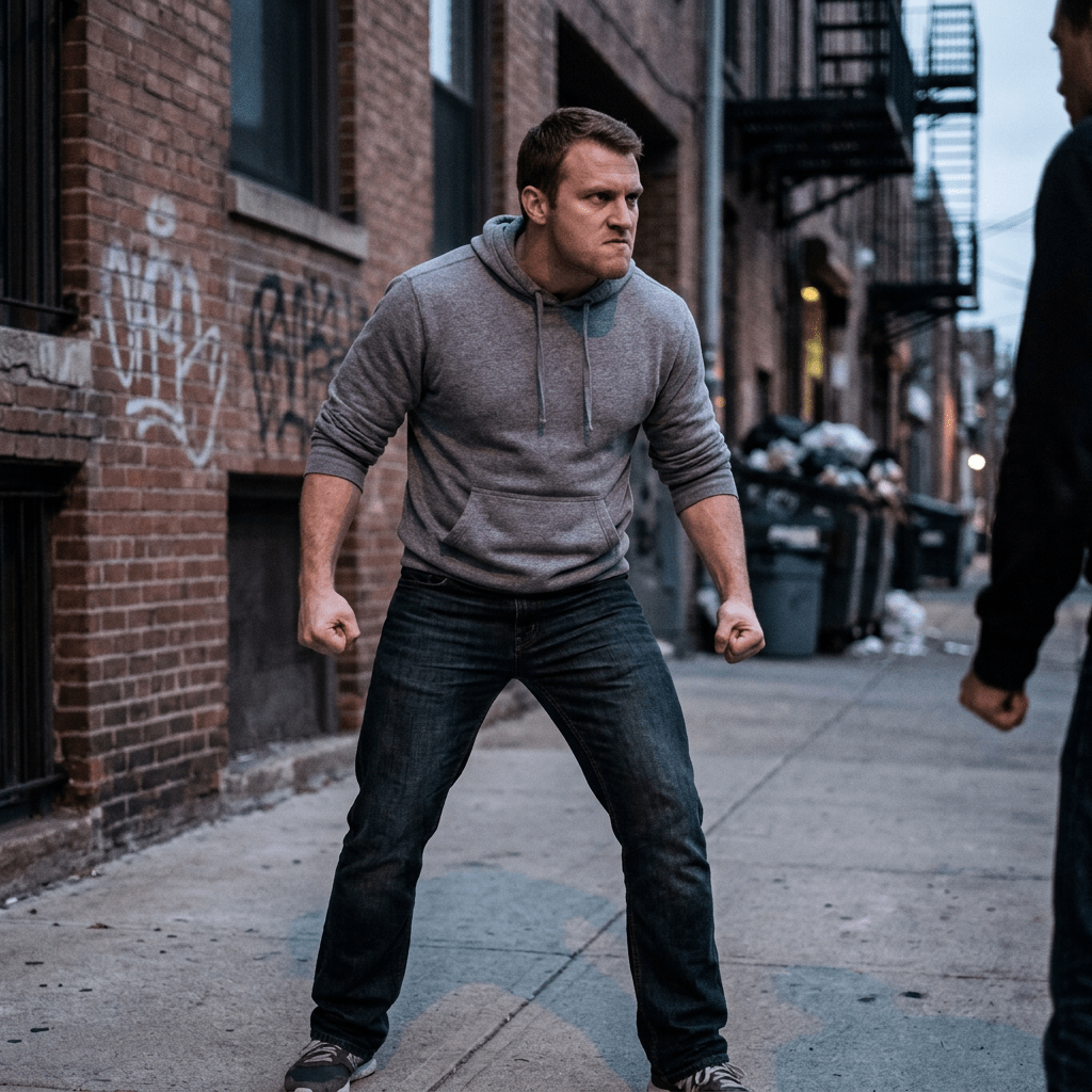 Man in gray hoodie standing aggressively with clenched fists in an alleyway facing another person.
