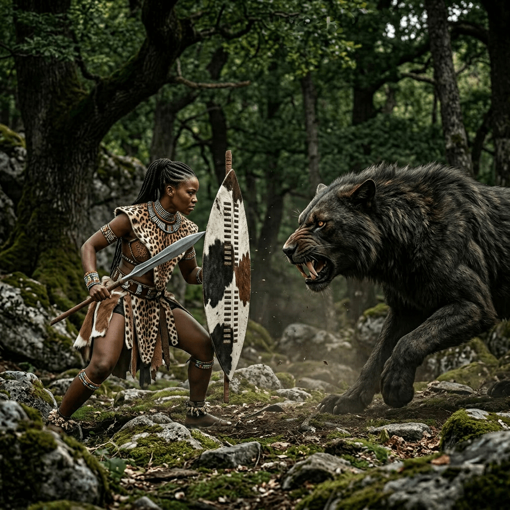 Warrior with spear and shield facing aggressive large wolf in forest