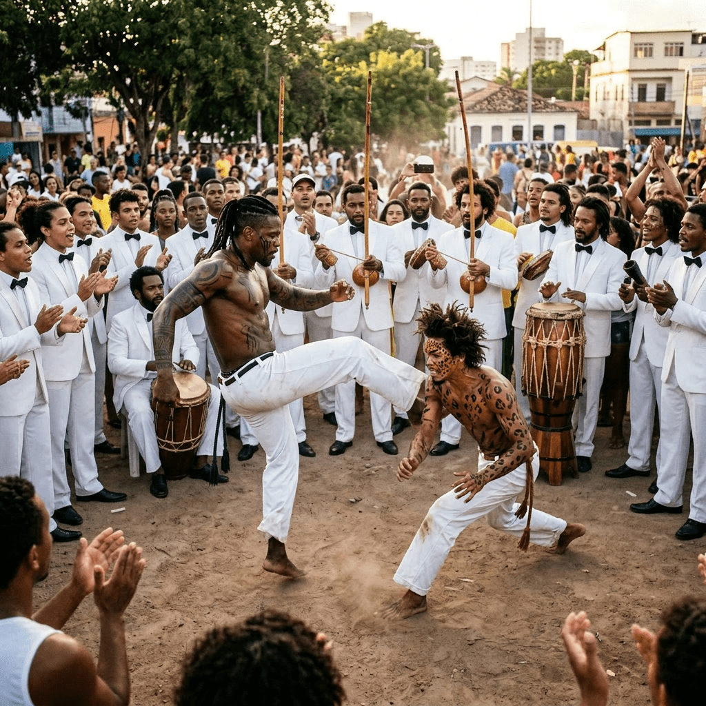 Two capoeira players in mid-movement within a circle of musicians and spectators on sandy ground.
