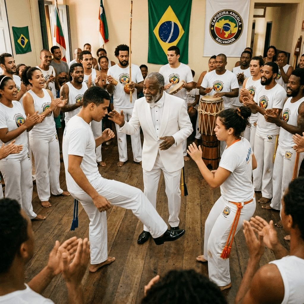 Group of people in white clothes practicing Capoeira martial art with instruments and clapping
