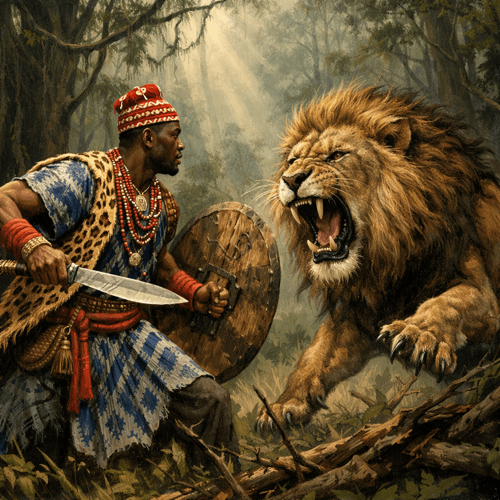Warrior holding spear and shield confronting a roaring lion in forest