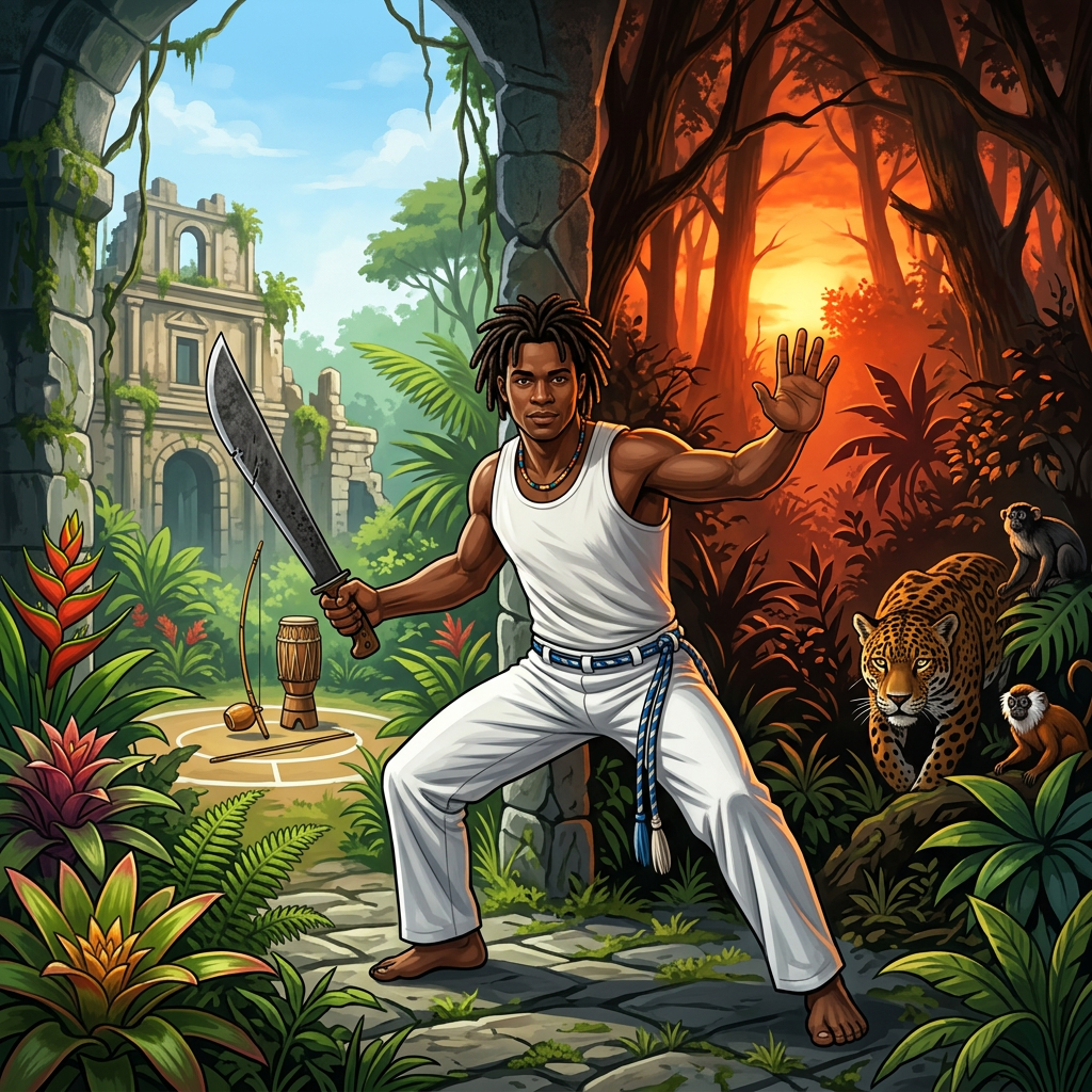 Capoeirista holding machete in jungle