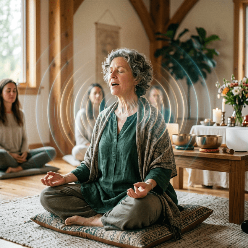 A woman meditating with sound bowls during a group session indoors