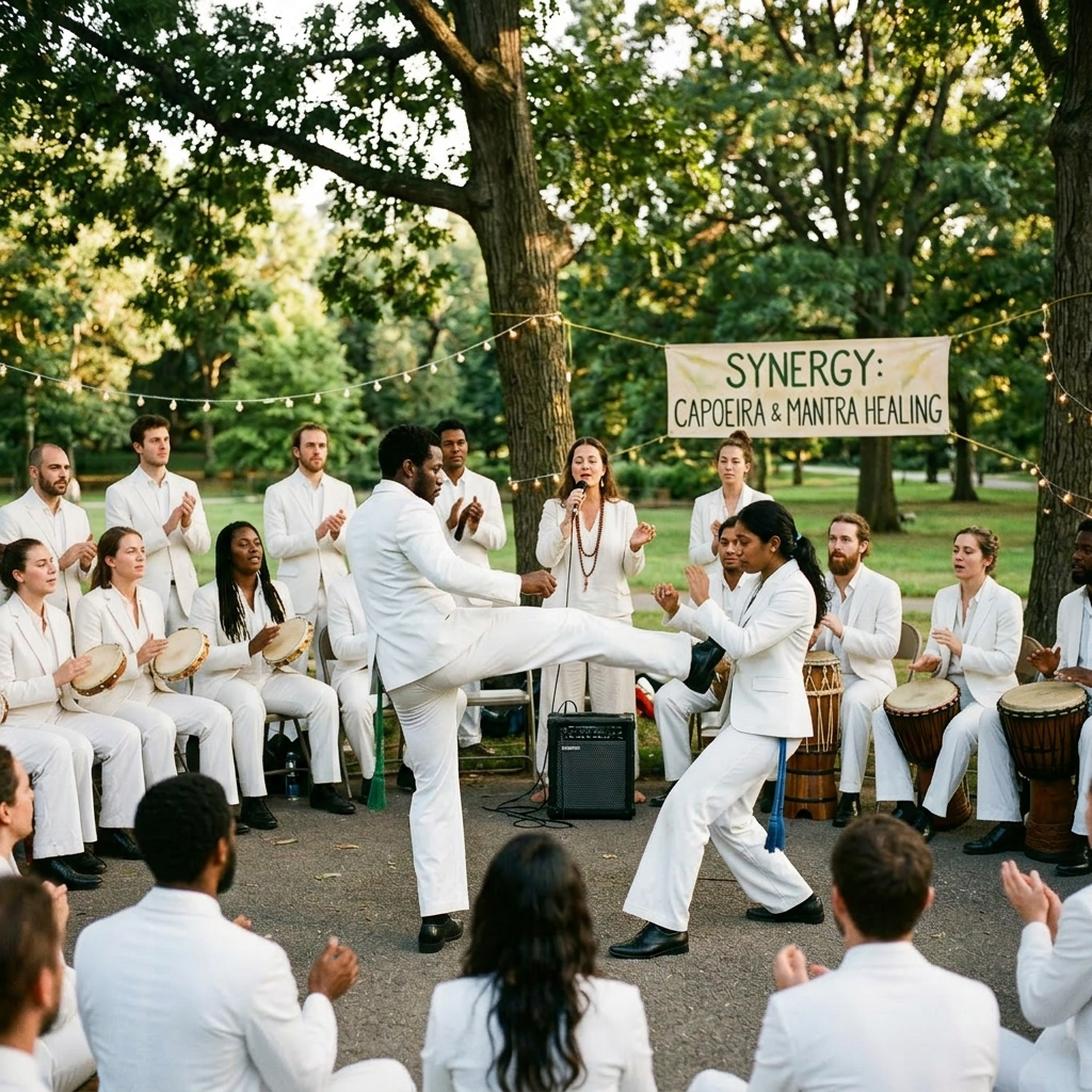 Two people practicing capoeira surrounded by seated drummers and clappers in a park