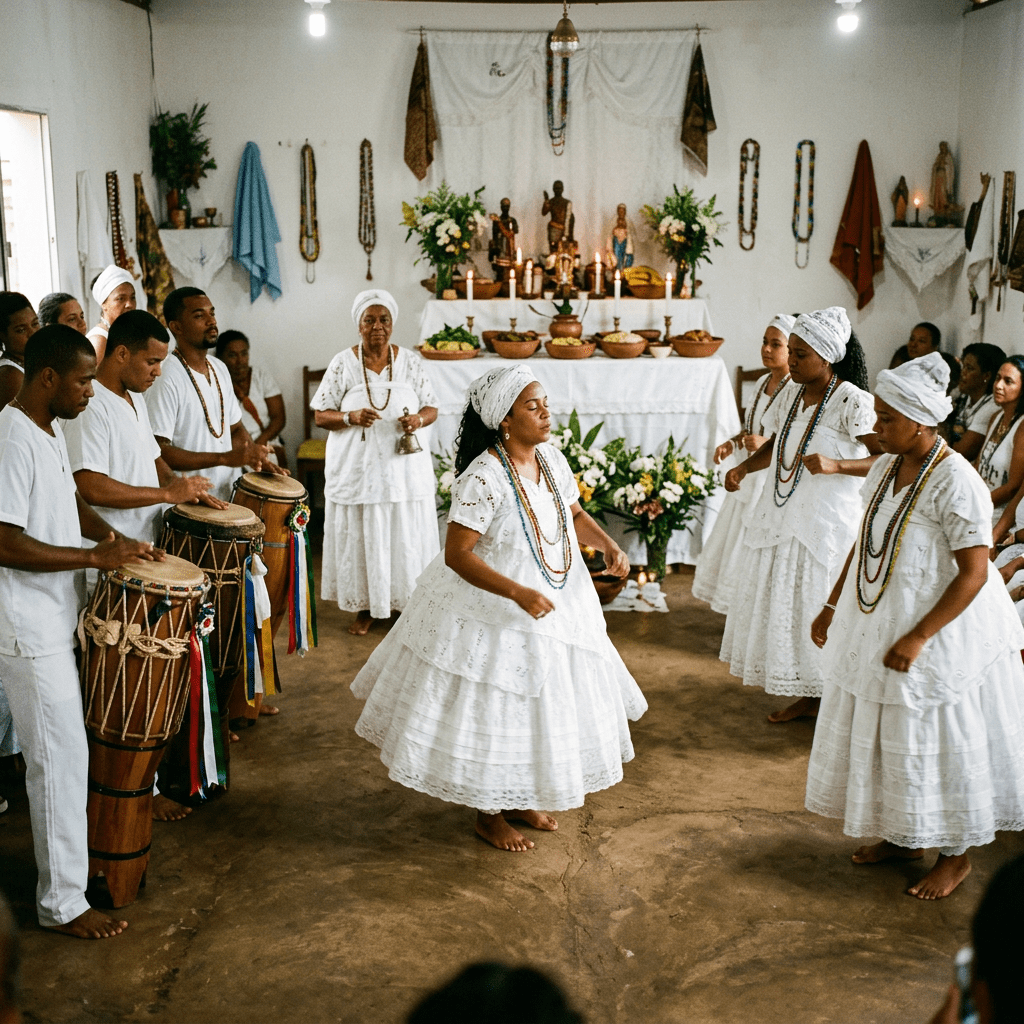 Women in white dresses dancing barefoot in a circle with men playing traditional drums and an altar with candles and statues in the background