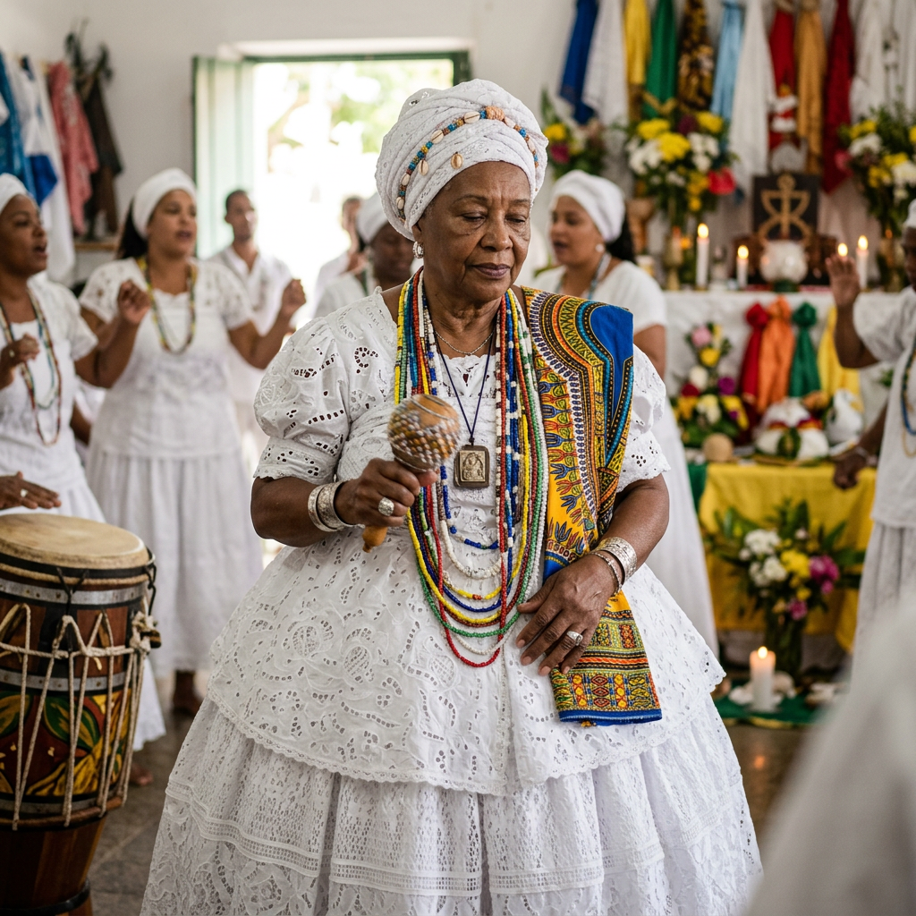 Woman in white dress and head wrap holding a maraca during a religious ceremony