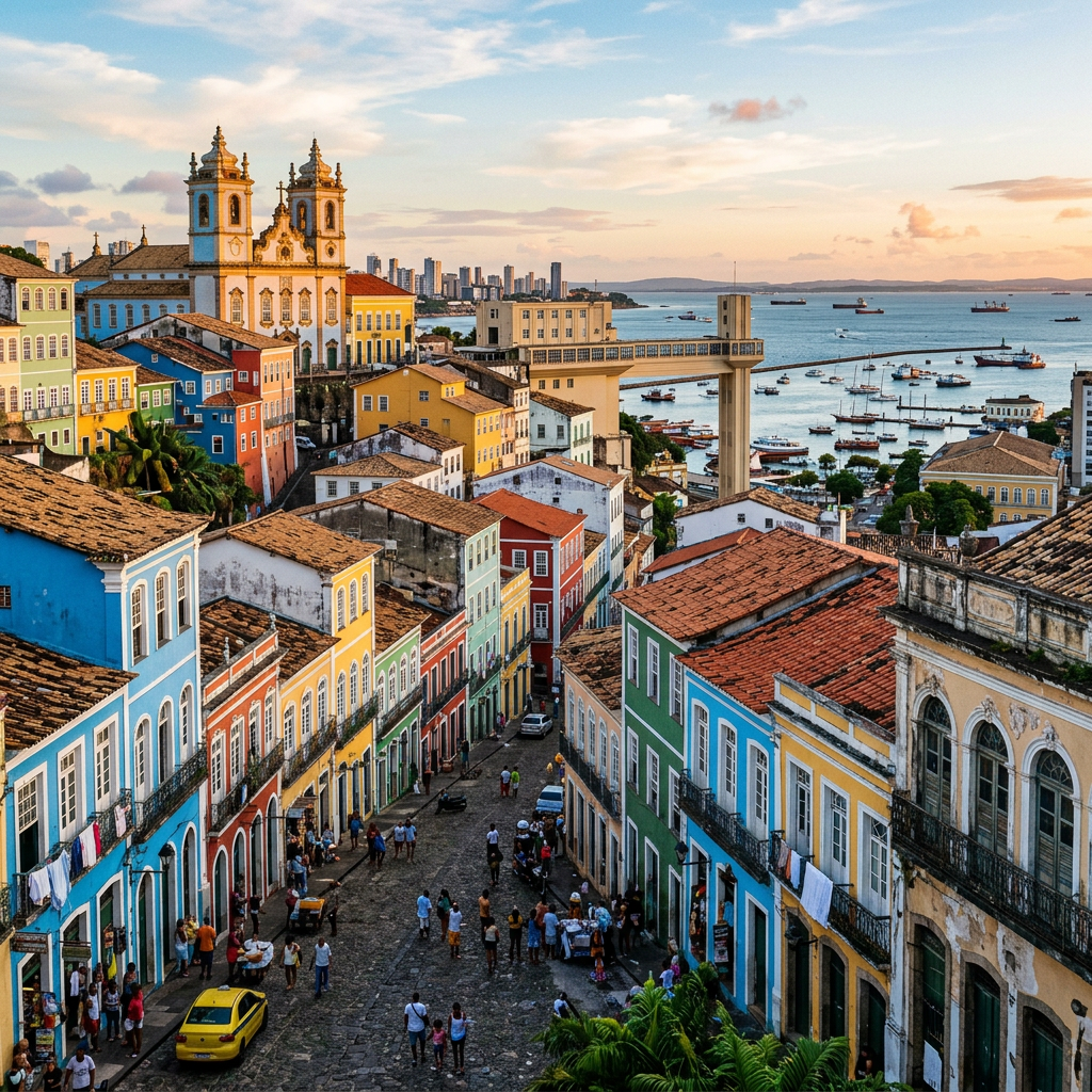 Colorful colonial buildings lining a cobblestone street with people walking and boats in the harbor